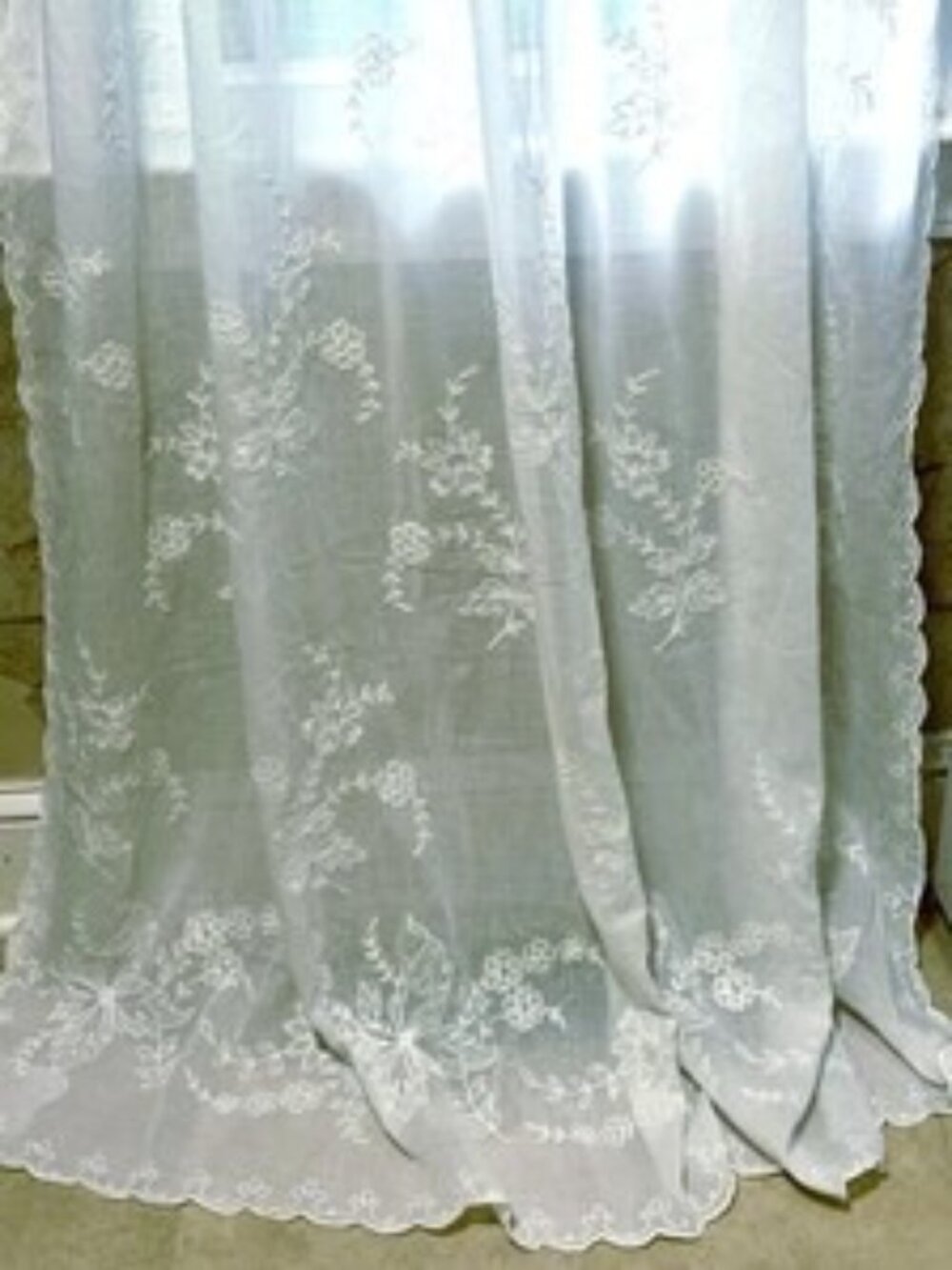 Pair of vintage 90s embroidered sheer curtains French Provincial style  57" x 90